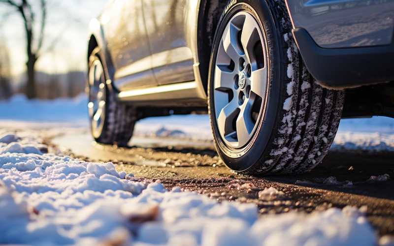 car equipped with snow tires wintery road