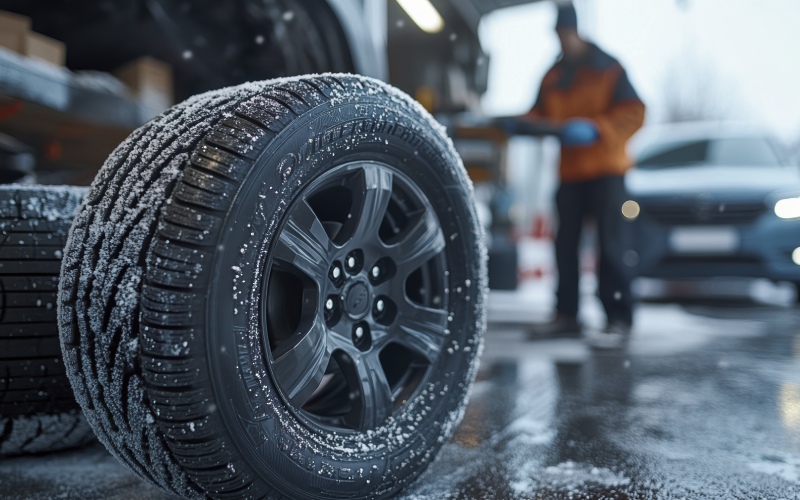mechanic changing tires winter season garage